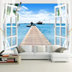 JiaSheMeiJu на заказ 3D фото обои для гостиной на открытом воздухе деревянные окна мост океан Vew ТВ фон Настенные обои 3D
