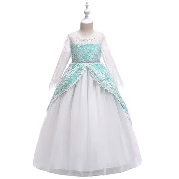 

2019 Girls Pleated Mesh Cutout Back Flower Girl Dress Floor-Length 3/4 Sleeves Wedding Party Dress