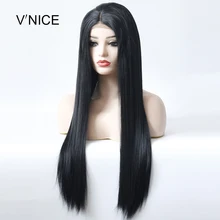 V'NICE длинный прямой черный парик Средняя часть Высокая температура волокна бразильские волосы синтетические кружева передние волосы парики
