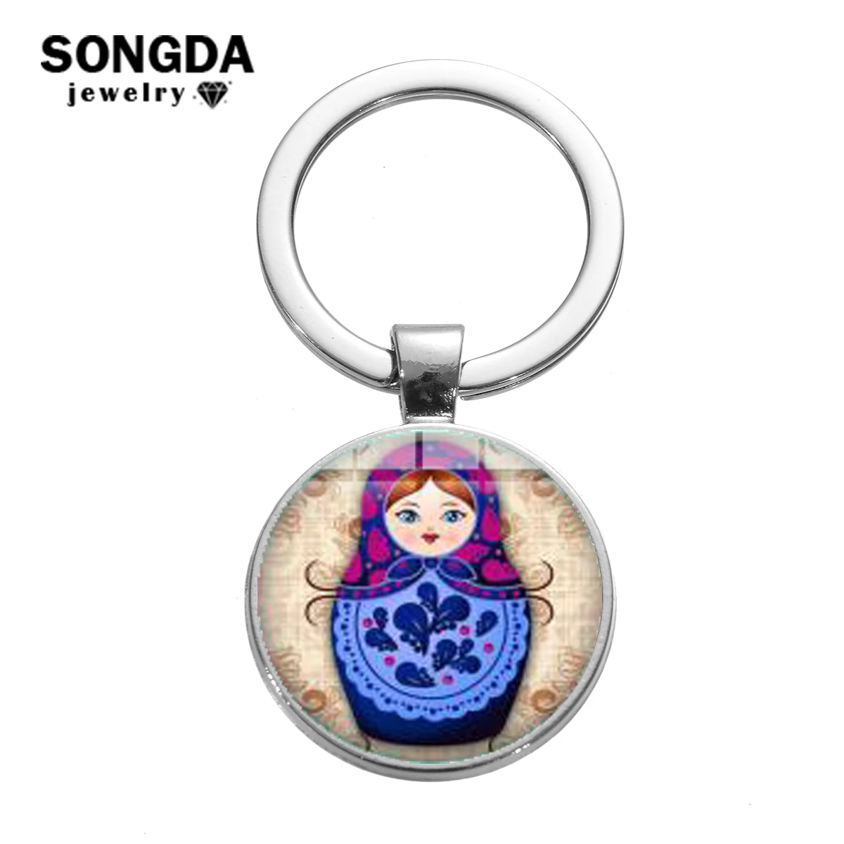

SONGDA Russian Doll Folk Art Pattern Keychain Babushka Nesting Matryoshka Dolls Cartoon Printed Glass Dome Key Ring Kids Jewelry