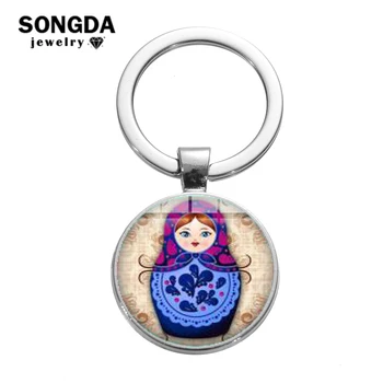 

SONGDA Russian Doll Folk Art Pattern Keychain Babushka Nesting Matryoshka Dolls Cartoon Printed Glass Dome Key Ring Kids Jewelry
