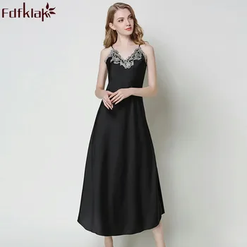 

Fdfklak Sexy Sleepwear Summer Spaghetti Strap Lace Nightgowns Nighties For Women Night Gown Long Red/Black Night Dress Q1043