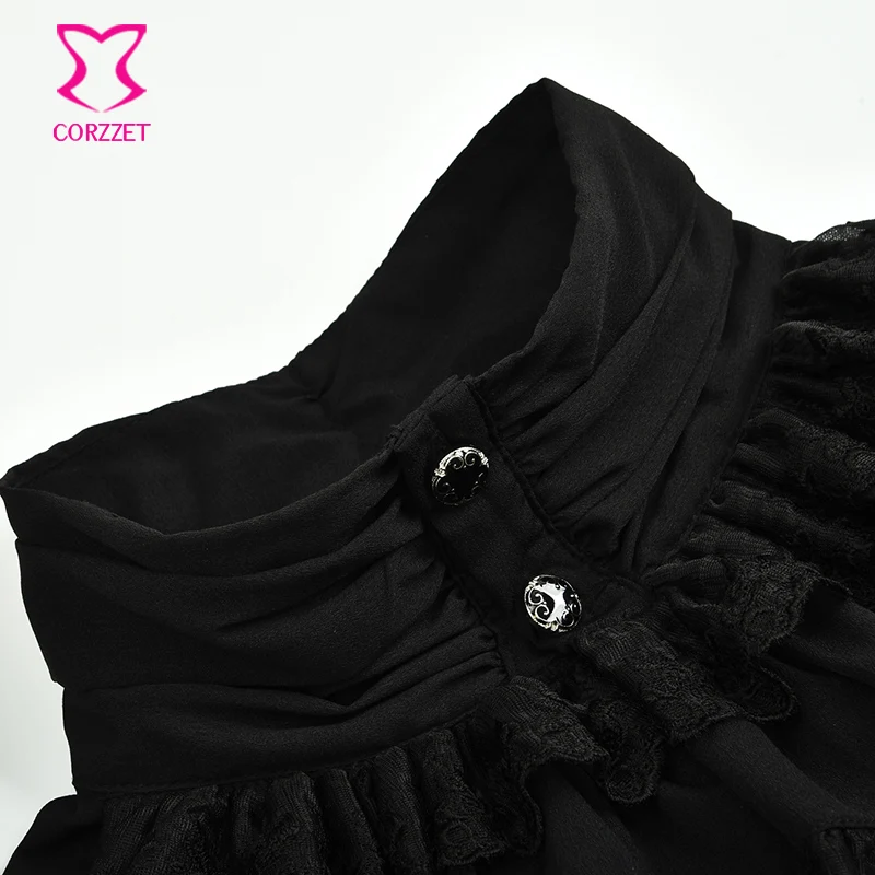 Black Layered Lace Ruffle Stand Collar Lantern Sleeve Gothic Shirt Vintage Medieval Cosplay Steampunk Clothing Men Victorian Top