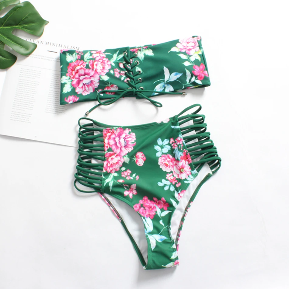 OM Bikini Set 2018 Swimwear Biquini Off Shoulder Sexy Swimsuit Women Vintage Bathing Suit Push up Brazilian Maillot De Bain green
