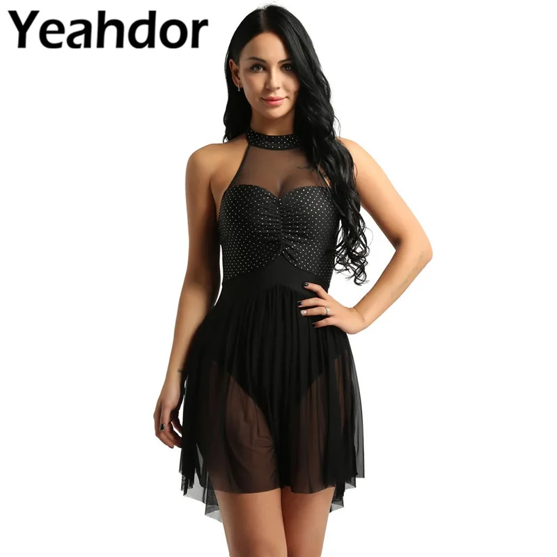 

Women Adult Sleeveless Halter Neck Polka Dots Irregular Tulle Hem Ballet Dance Gymnastics Costumes Leotard Dress Stage Costumes