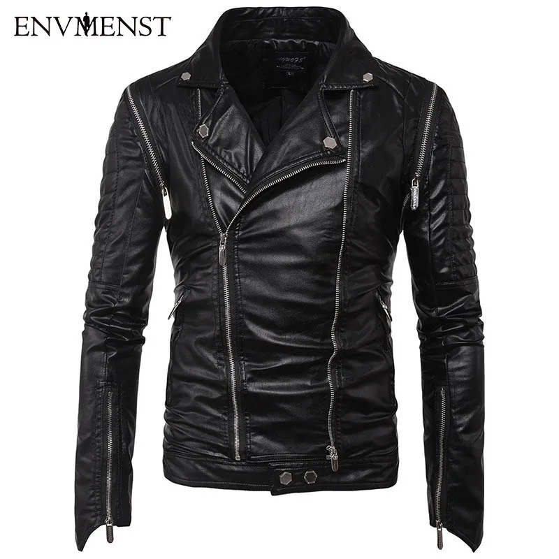 Env для мужчин st стиль для мужчин мульти молния Slim Fit отложной воротник повседневное черное пальто мужской PU мотоциклетная кожаная куртка - Цвет: BLACK