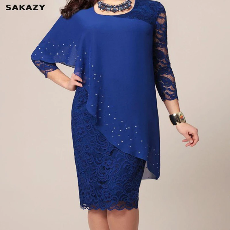 Tanie Duży rozmiar sukienka lato jednolity kolor koronkowa sukienka kobieta elegancka 3 4 rękaw Slim Party szyfonowa Plus rozmiar sukienka kobiety Vestidos 5xl