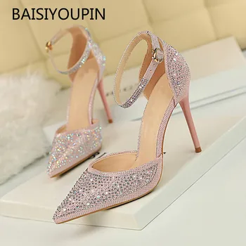 

Summer Platform Pumps Solid Party Female Shoes Fashion Wedding Pionted Toe Leather 10cm Thin High Heels Sweet Style Women Shoes