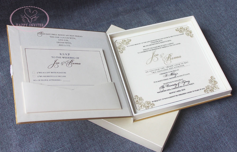 HI1180-07 High Grade Ivory Hardcover Box Invites with Clear Acrylic Invitation with Gold & Black Printing Made in China