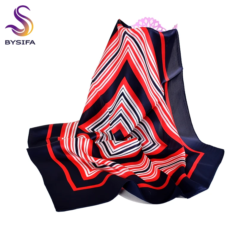 

BYSIFA Navy Blue Small Square Scarves Women New Red Striped Silk Scarf Spring Autumn Winter Fashion 100% Silk Scarf Neck Scarf