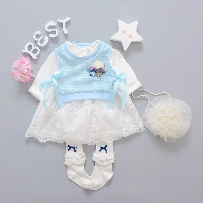 Демисезонный Повседневное Babys новорожденных девочек сладкий цветок украшение вязаный жилет+ кружева лоскутное платье принцессы с длинным рукавом y2560