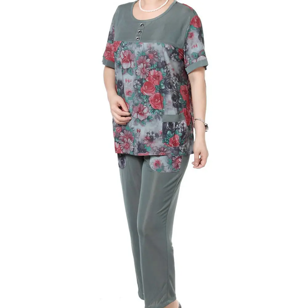 

Mother Summer Twinset Red Green Short Sleeve Blouse And Cropped Pant Suit Two Pieces Trouser Suits Sets Woman Casual Ensemble