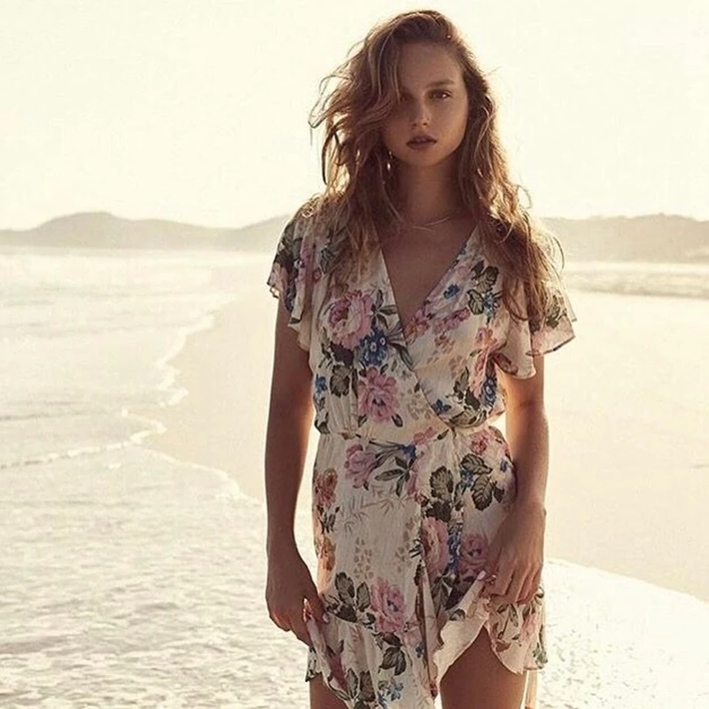 

Khale Yose Summer 2018 Ethnic Dress Bohemian Sundress Hippie Chic Women Dress Floral Print Cotton Gypsy Vintage Beach Dresses