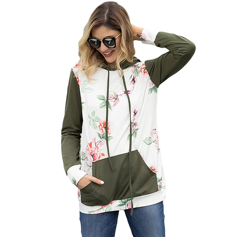 Осень весна Для женщин Повседневное Толстовка темно Kangroo карман Floral Hoodie