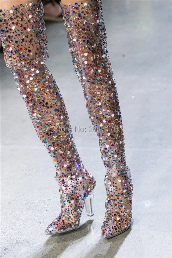 Colorful Rhinestone Glitters Transparent Runway Shoes Pointed Over Knee Botas Mujer Perspex Clear Heel Crystal Thigh High Boots - Цвет: pointed toe