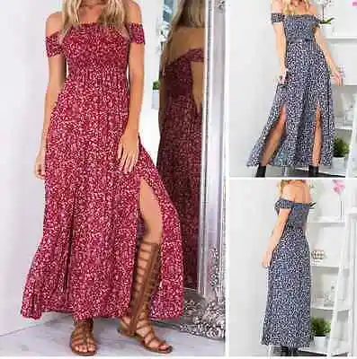 

Womens Off Shoulder Casual Boho Floral Split Long Maxi Evening Party Beach Dress