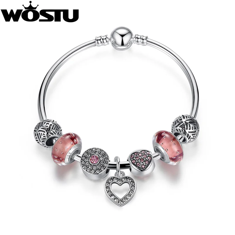 

WOSTU High Quality Silver Charms Beads Bangle & Bracelet For Women Original DIY Authentic Fashion 925 Jewelry Gift