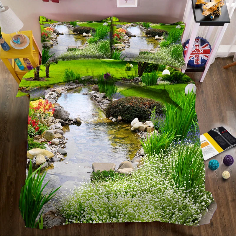 

Green lawn stream 3d effect photo bed linen can be customized photo pattern