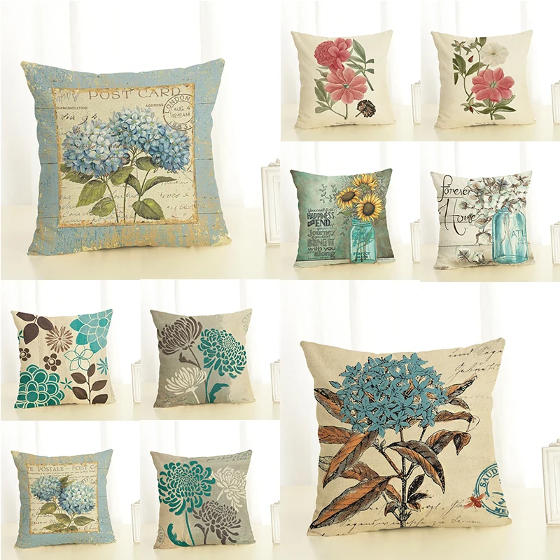 

Shabby Chic Decor Printed Blue Flowers Cushion Cover 45x45cm Linen Frame Throw Pillow Covers Pillow Cases Cushions Home Decor