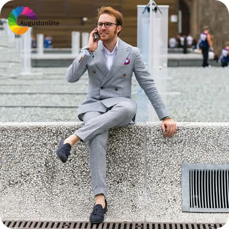 

Summer Light Blue Men Suits Double Breasted Slim Fit Ivory Male Blazer 2Piece Prom Wear Casual Jacket Pants Costume Homme Ternos