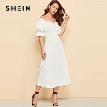 SHEIN Расклешенное Платье На Пуговицах С Оригинальным Рукавом И Оборкой Женское Летнее Летнее Платье С Средним Рукавом И Открытым Плечом