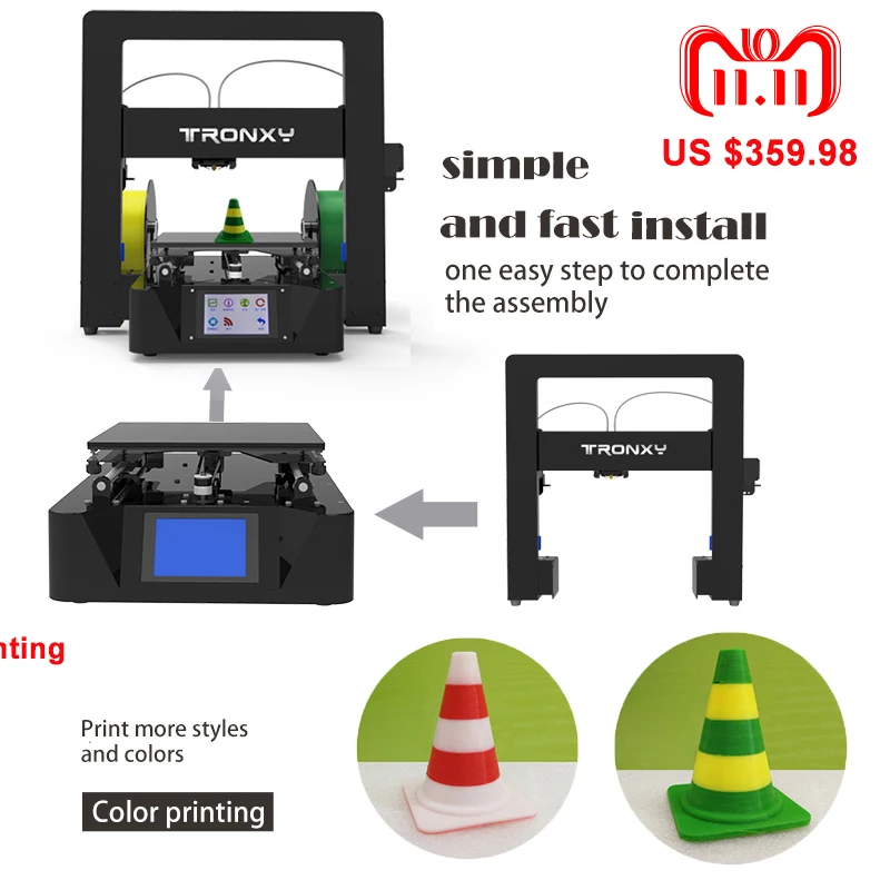 

New Tronxy 3D Printer kits DIY Plus Size Print Area X6-2E Dual Color Print Aluminium Metal Extruder Big Heatbed Plate 3D Printer