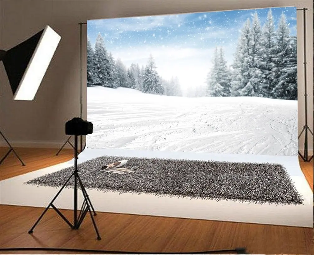 

Photography Backdrop Christmas Heavy Snowing Pine Tree Blue Sky White Cloud Winter Happy New Year Photo Background Party