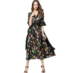 HAMALIEL элегантные летние шифон черный с цветочным принтом богемное платье 2018 модные женские туфли Половина Flare рукавом оборками V шеи Платья