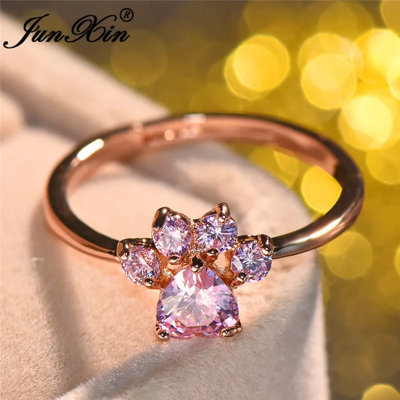 JUNXIN животных кошки собаки медведь когти розовое сердце след кольца для Для женщин Rose Gold Filled открытие палец кольцо милый питомец украшения подарок