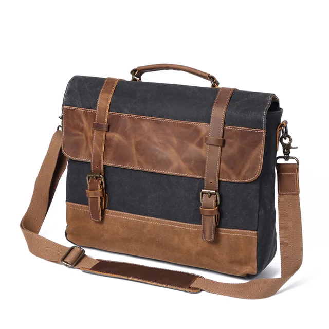 Briefcase Leather Men Briefcase Genuine Leather Waterproof Canvas Men