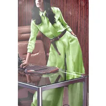Европа и Америка стиль Женская мода с длинными рукавами Пояс украшения рубашка и широкие брюки Женская офисная одежда зеленый костюм