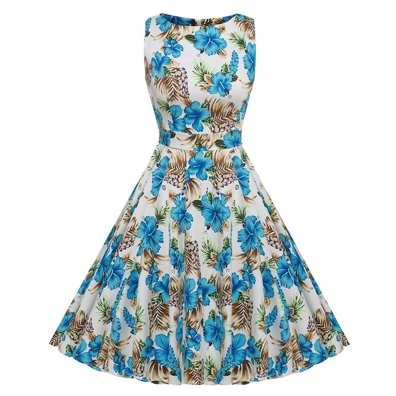 Kostlish Cotton Summer Dress Women 2017 Sleeveless Tunic 50s Vintage Dress Belt Elegant Print Rockabilly Party Dresses Sundress (66)