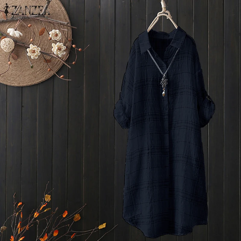 ZANZEA Осенняя Женская клетчатая длинная рубашка с отворотом и воротником, винтажная блуза с длинным рукавом из хлопка и льна, повседневные топы, блузки