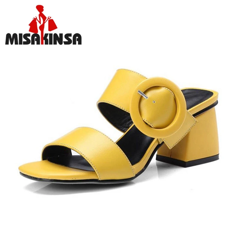 

MISAKINSA Simple Women Genuine Leather High Heel Sandals Metal Buckle Square Toe Thick Heel Sandals Vacation Shoes Size 33-40