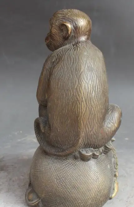 

S1000 12" Chinese Bronze Gilt Wealth Yuanbao Zodiac Year Monkey On Money Bag Statue