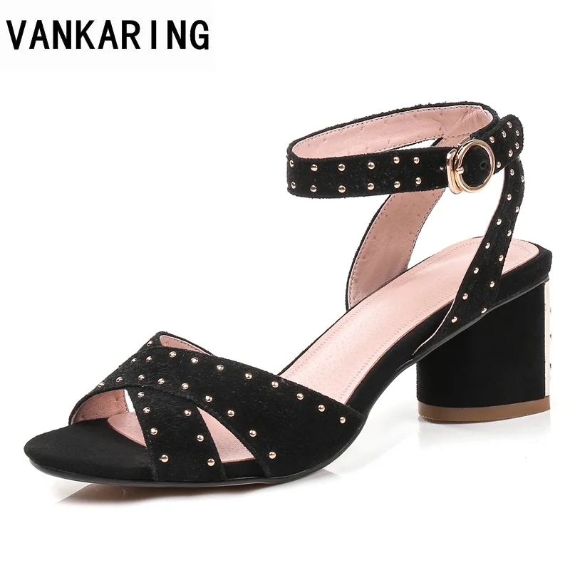 

VANKARING brand shoes women luxury 2018 crystal thick high heels sandals sheep suede ankle strap summer dress shoes women sandal