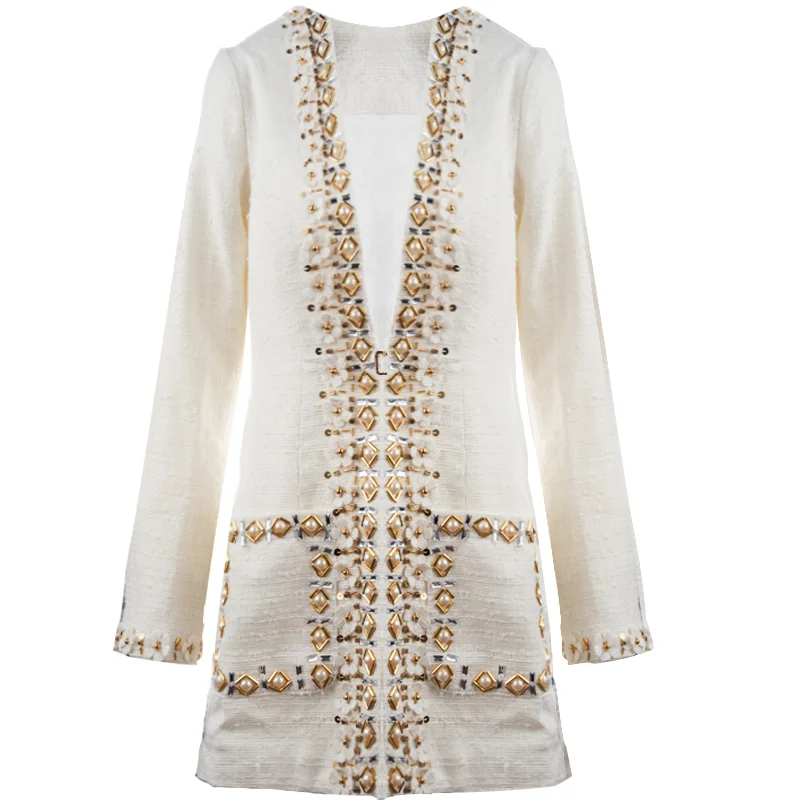 

2018 New Early Spring Autumn Women V Neck Handmade Series Pearls Beading Flowers Button Slim Coat Office Lady Work Outwear