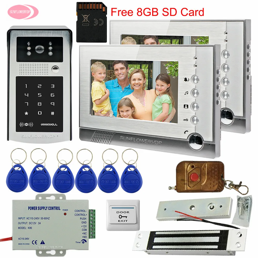 Video Recording+8GB SD Card Rfid/ Code Unlock Intercom System 7'' Color Video Intercom With Electric Magnetic Door Lock 1V2 Kit