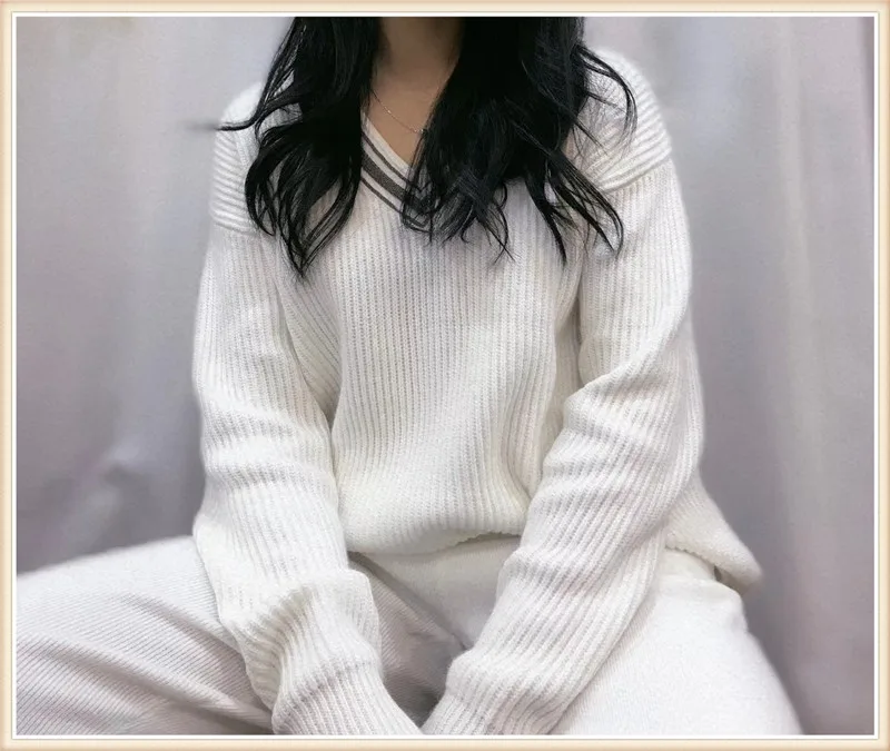 Зимние шерстяные и кашемировые вязаные теплые костюмы, шерстяной бархатный свитер с бусинами+ кашемировые брюки из норки, костюмы для отдыха из двух предметов wq886