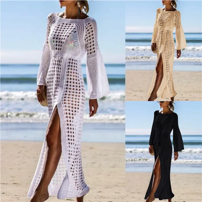 

2019 Sexy Hollow Out Solid White Tunic Beach Dress Plus Size Women Summer Beachwear Flare Sleeve Side Split Party Dress N716