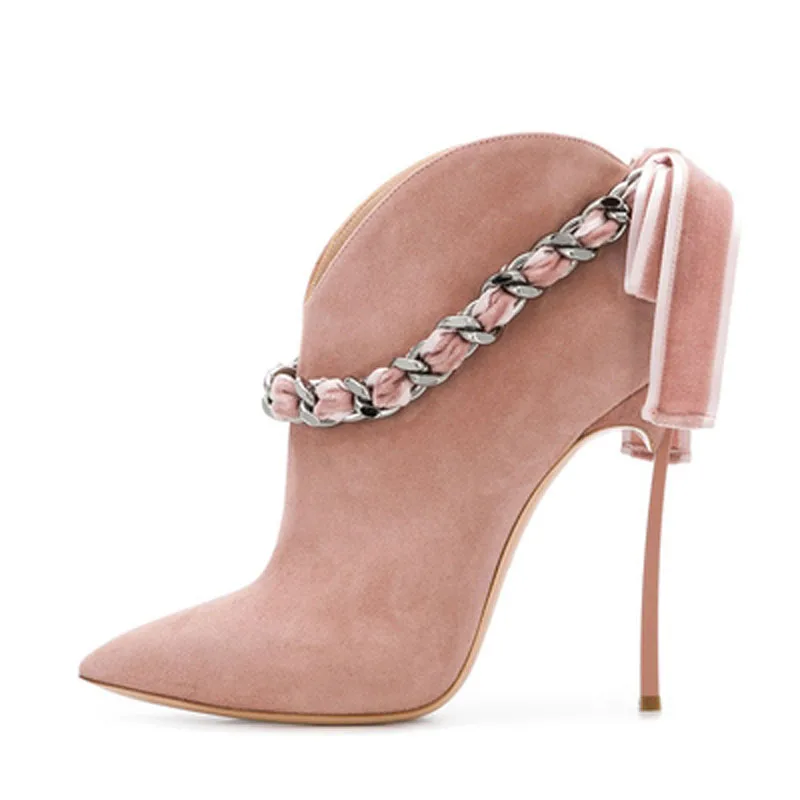 

Sexy Autumn Chains Bandage Velvet Back Bowtie Metallic heels Ankle Boots Women Slip on Pointed toe Zapatos Woman Bottines