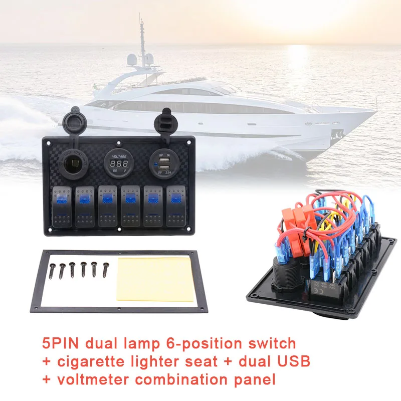 

5 PIN Dual Lamp 6-position Switch Cigarette Lighter Seat Dual USB Voltmeter Combination Panel DXY88