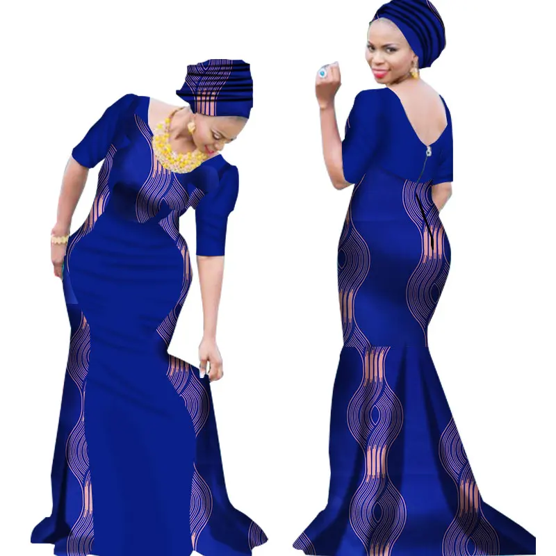 Новое платье Bazin Riche в африканском стиле для женщин, с принтом, с v-образным вырезом, платье русалки с галстуком на голову, Дашики, африканская одежда WY1645