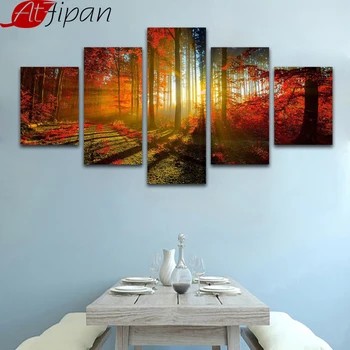 

Framed 5 Panels Autumn Red Tree Canvas Art Forest Sunshine Landscape Painting Wall Pictures for Living Room Home Decoration