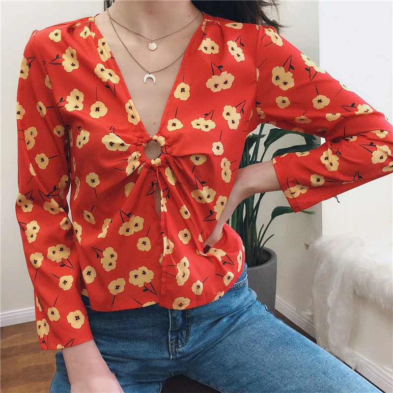

Vintage 2019 Women Ring Front Satin Blouse Satin Shirt Top long sleeve blouse formal Chiffon Blouse Casual Blusa Mujer