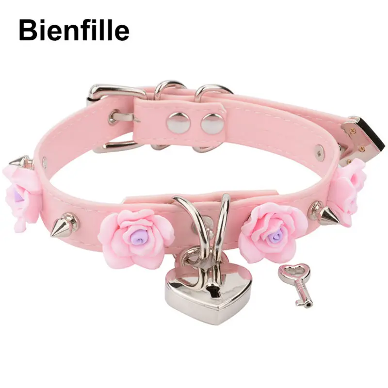 Online Punk gótico PU cuero hebilla collar gargantilla hecha a mano Kawaii Rosa flor collar plata corazón bloqueo con llave 8 colores