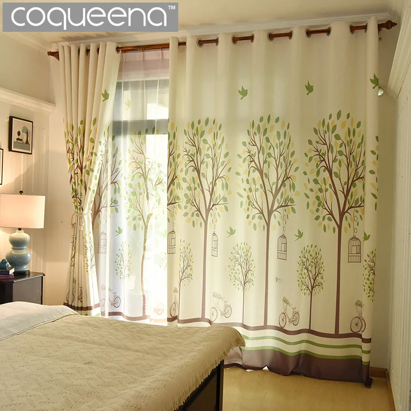 Tree Design Print Natural Faux Linen Curtains For Living Room The
