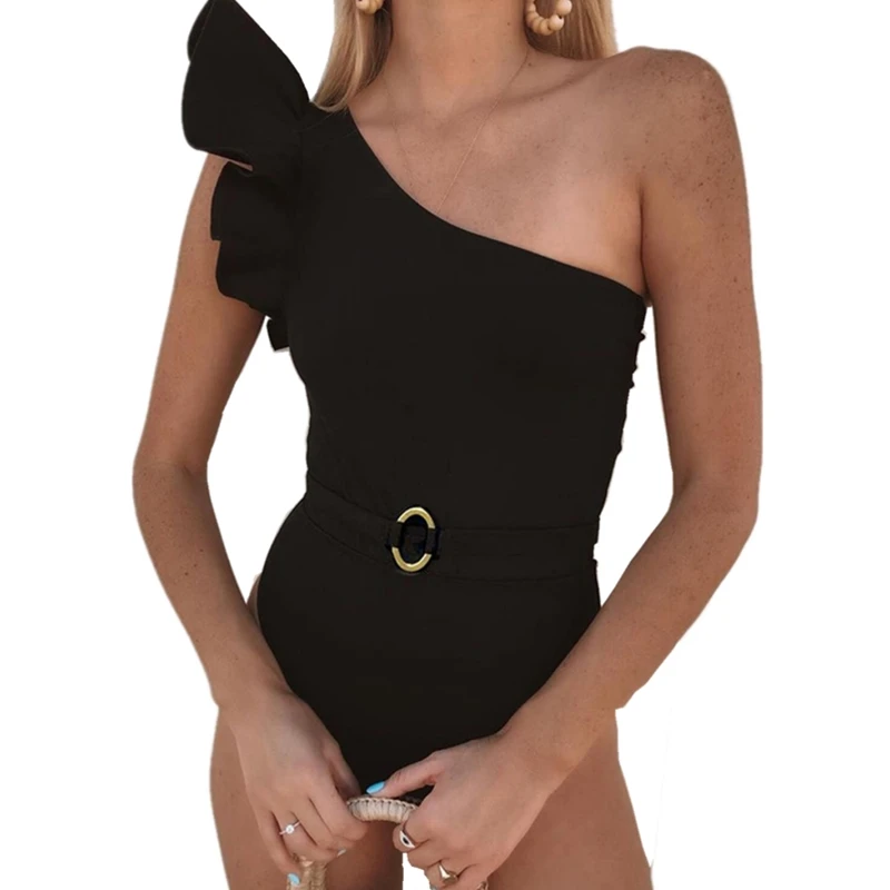 

Women's One Piece Swimsuits One Shoulder Swimwear Asymmetric Ruffle Monokinis Bathing Suits Swiming Suit Belt Sexy Black 2019