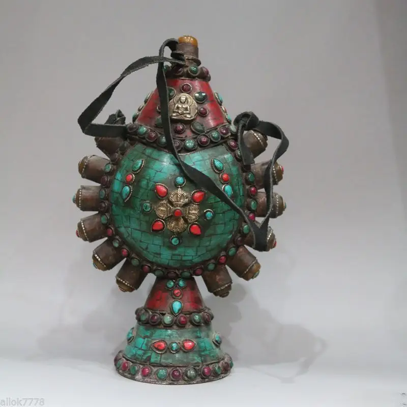 

Big old Tibet and Nepal verdigris and stone inlay ruby grandmother snuff bottle