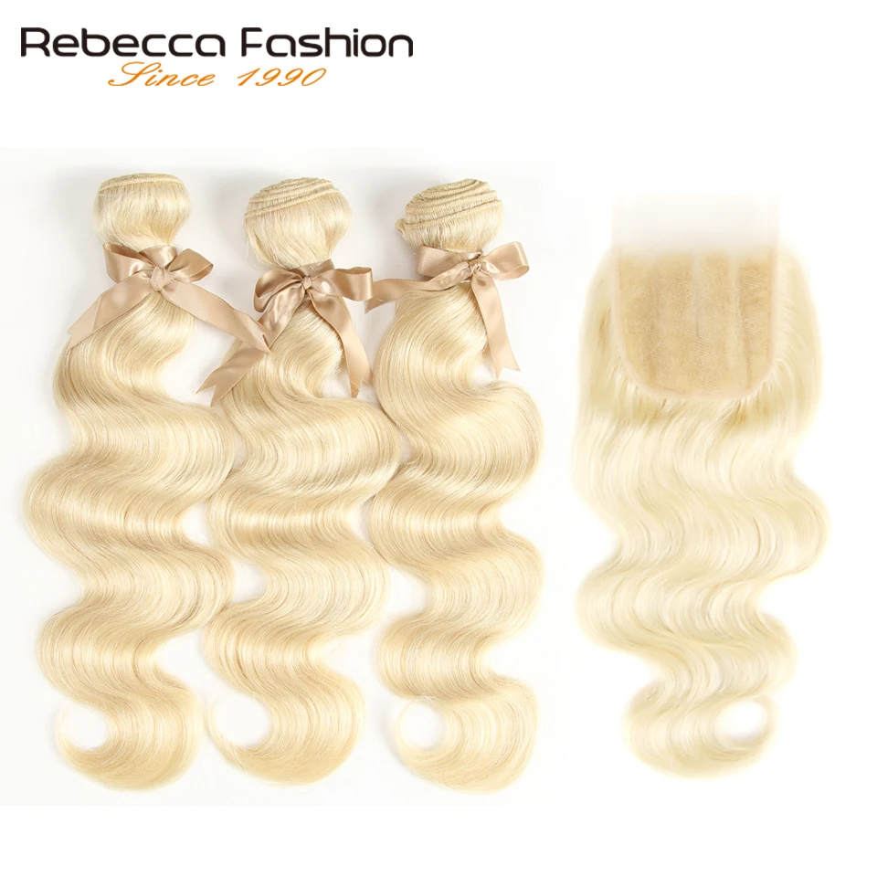 Baratos Mechones de cabello humano postizo Rebeca 613 con cierre brasileño onda del cuerpo mechones de cabello humano postizo 613 mechones de miel rubio con cierre